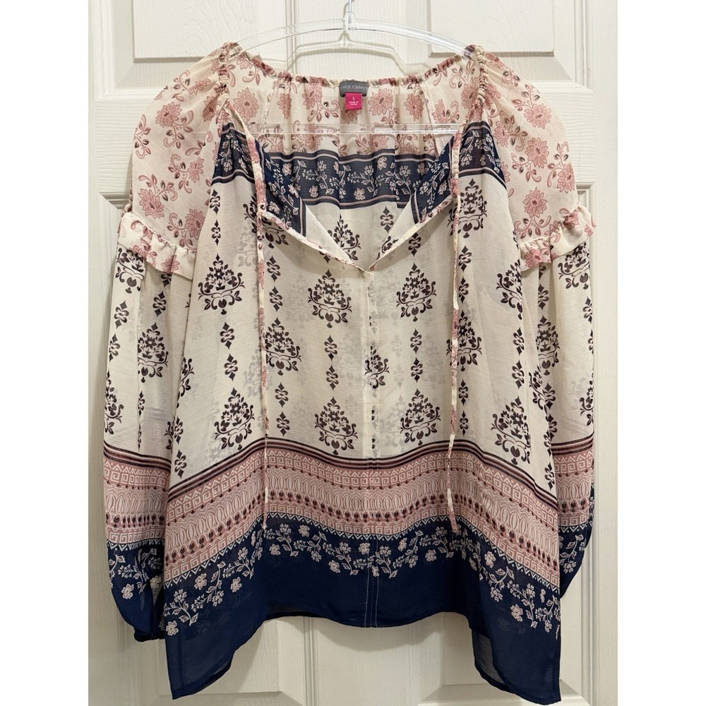 Vince‎ Camuto Womens Blouse Top Small Multi Sheer Floral Chiffon Balloon Sleeve